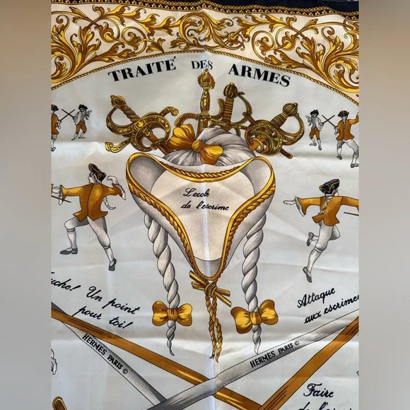 Hermes Carre 90 Traite des Arms Black Gold and White Silk Scarf with COA - Picture 3 of 12
